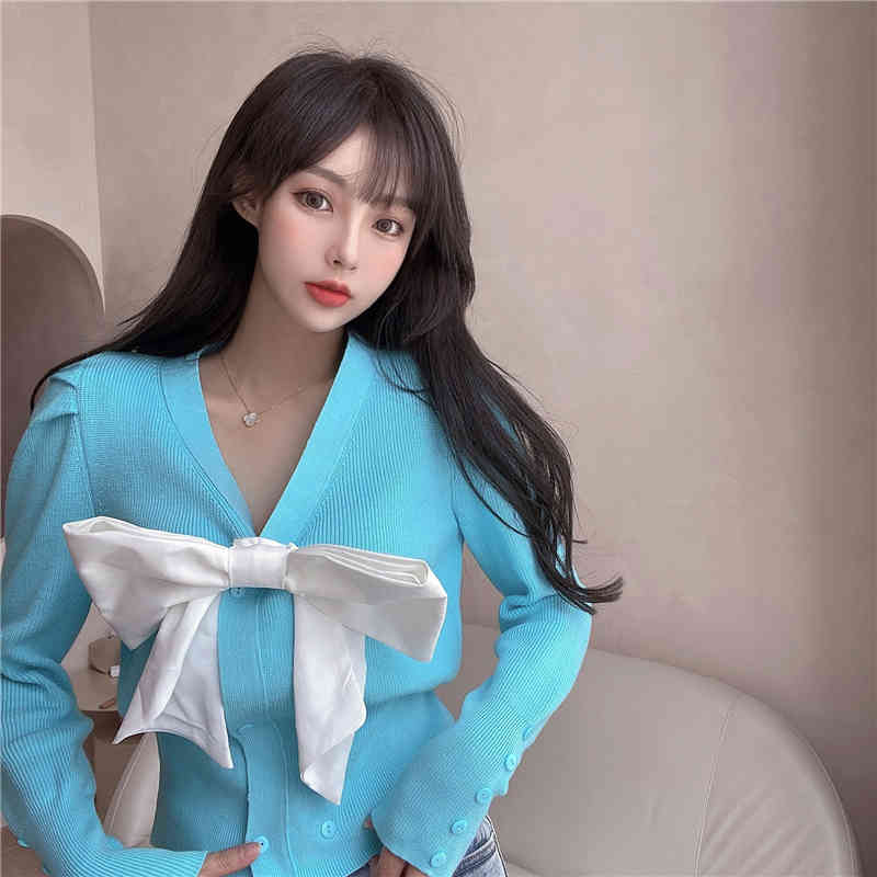 Nomikuma Korean V-neck Puff Long Sleeve Knitted Jacket Sweet Bowknot Women Sweater Cardigan Spring New Knitwear Coat 6E133 210427