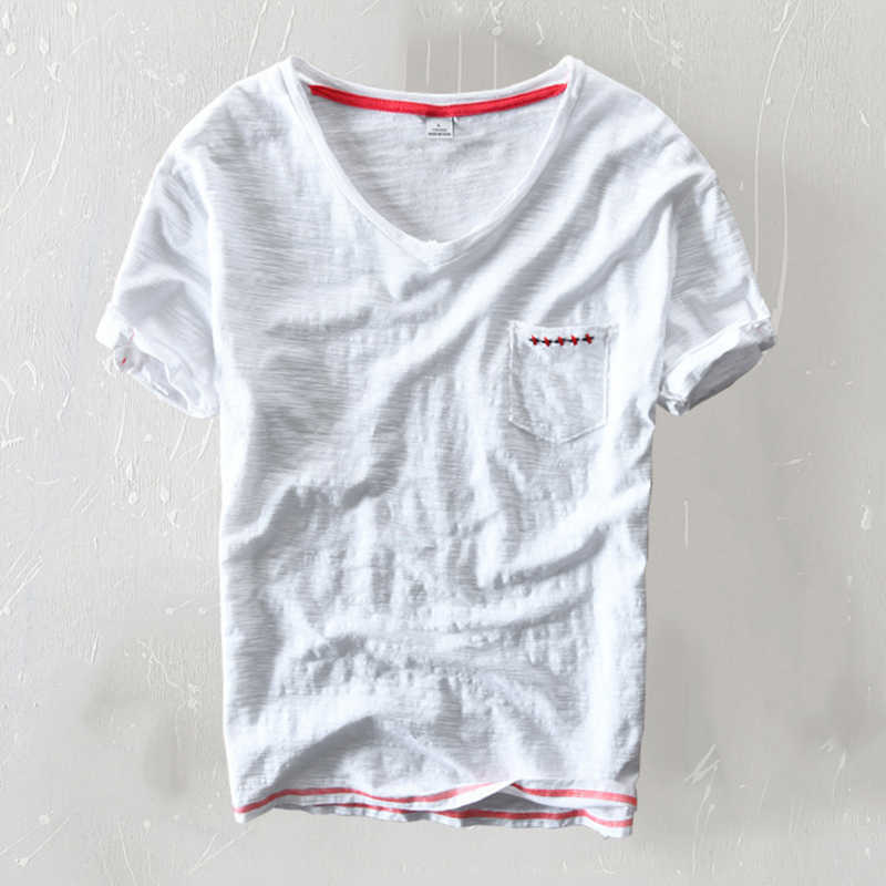 Summer 95% Cotton T-shirt Men V-neck Solid Color Casual T Shirt Basic Tees Plus Size Short Sleeve Tops Y2510 210601