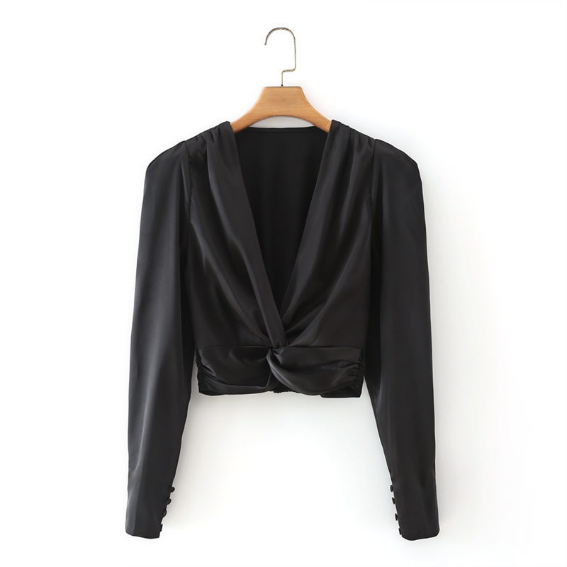 Spring Women Knot Decoration Black Satin Short Blouse Female Long Sleeve Shirt Lady Loose Crop Tops Blusas S8383 210430