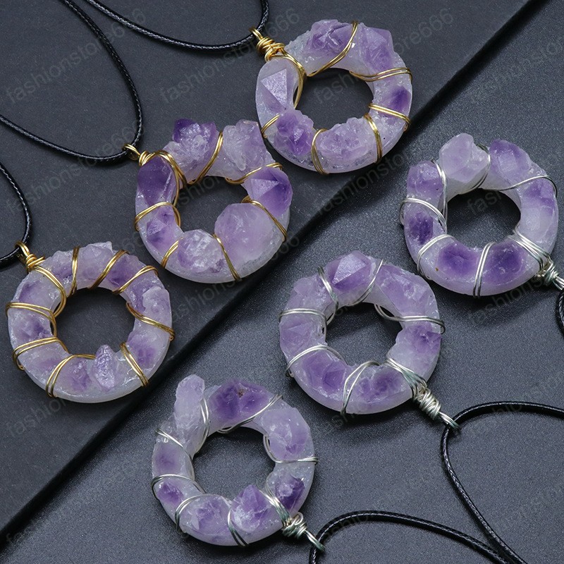 Wire Wrapped Natural Stone Amethyst Pendant Necklace 35mm Donut Pendant Irregular Healing Crystal Collar Necklaces for Women fashion jewelry