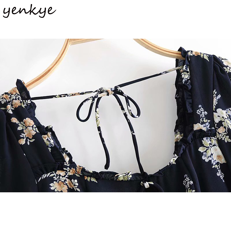 Vintage Floral Print Dress Women Sexy Backless Square Neck Long Sleeve A-line Slim Short Dress Elegant Female Summer Robe 210515