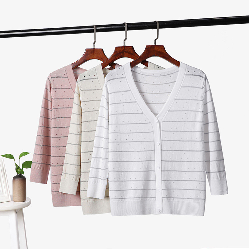 Thin Damassin Striped Knitted Cardigans Sweater Women V-neck Casual Single Breasted 210520, White
Thin Damassin Striped Knitted Cardigans Sweater Women V-neck Casual Single Breasted 210520, White