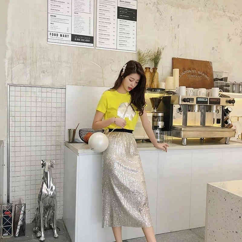 High Waist Women Midi Skirts Vintage Sequined Blingbling Female Bodycon Party Elegant Ladies Chic Slim Bottoms 210510