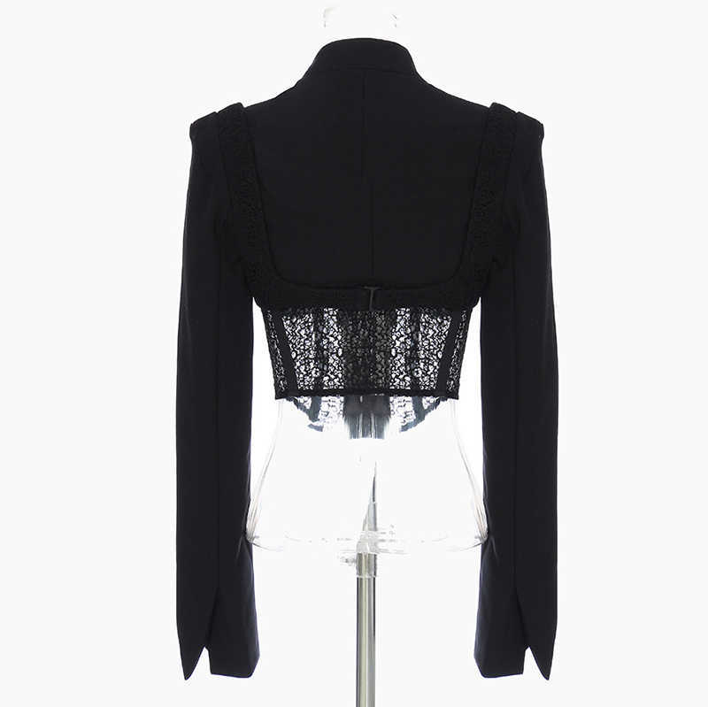 [EAM] Women Black Lace Irregular Short Blazer Lapel Long Sleeve Loose Fit Jacket Fashion Spring Autumn 1Y566 210930