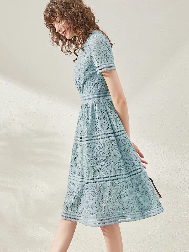 lace elegant blue office lady spring summer fashion midi dresses for women casual daily wear de ropa mujer chic 210421