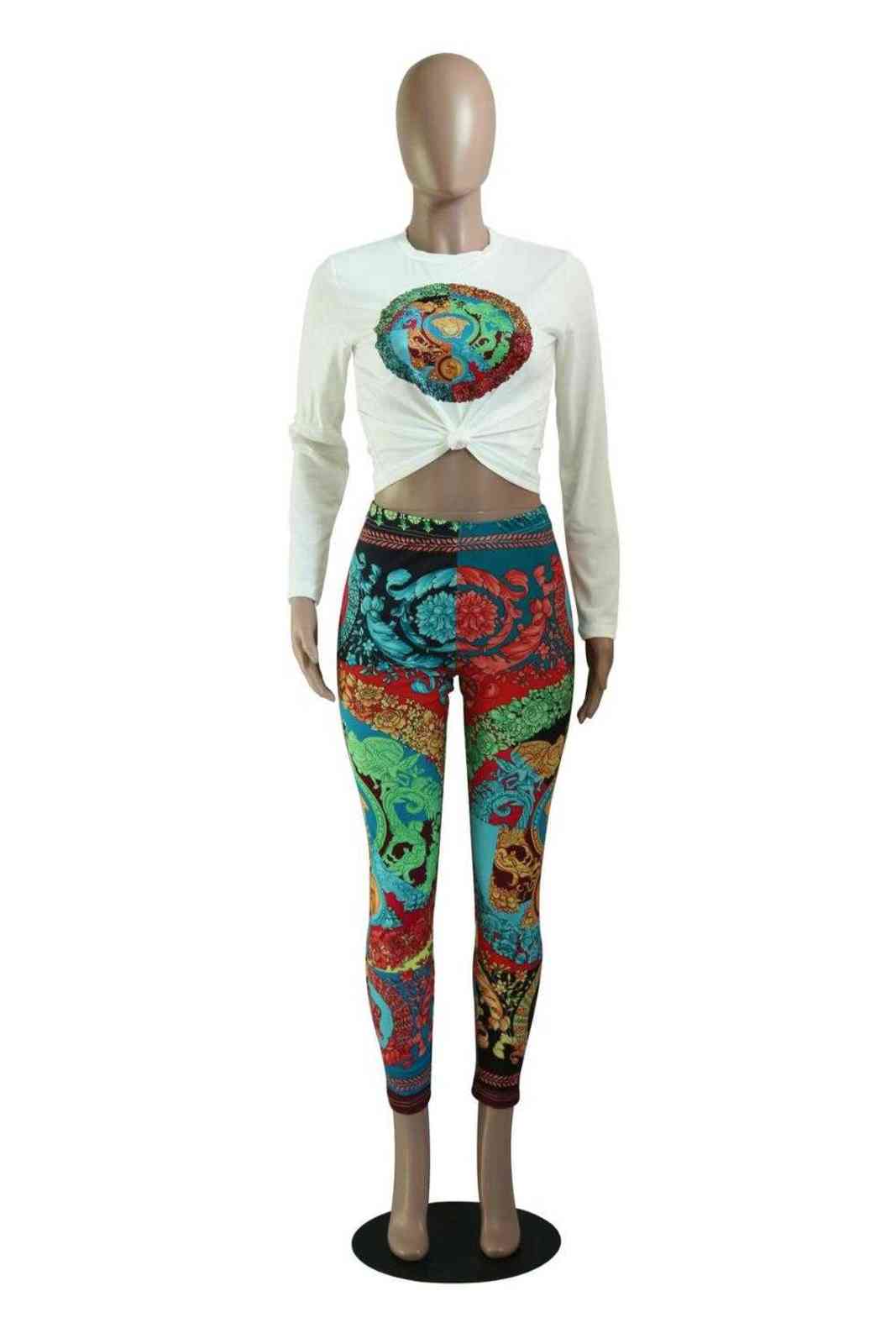 Two Piece Sets Women Fashion Tracksuits Print Casual Long Sleeve Top Pants Pencil Elastic 2 211105