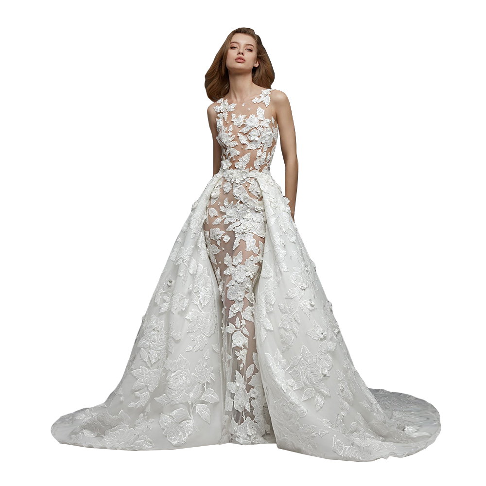 2021 Arabic Mermaid Wedding Dresses Bridal Gowns With Detachable Train Long Sleeve White Lace Appliqued Robe De Mariée