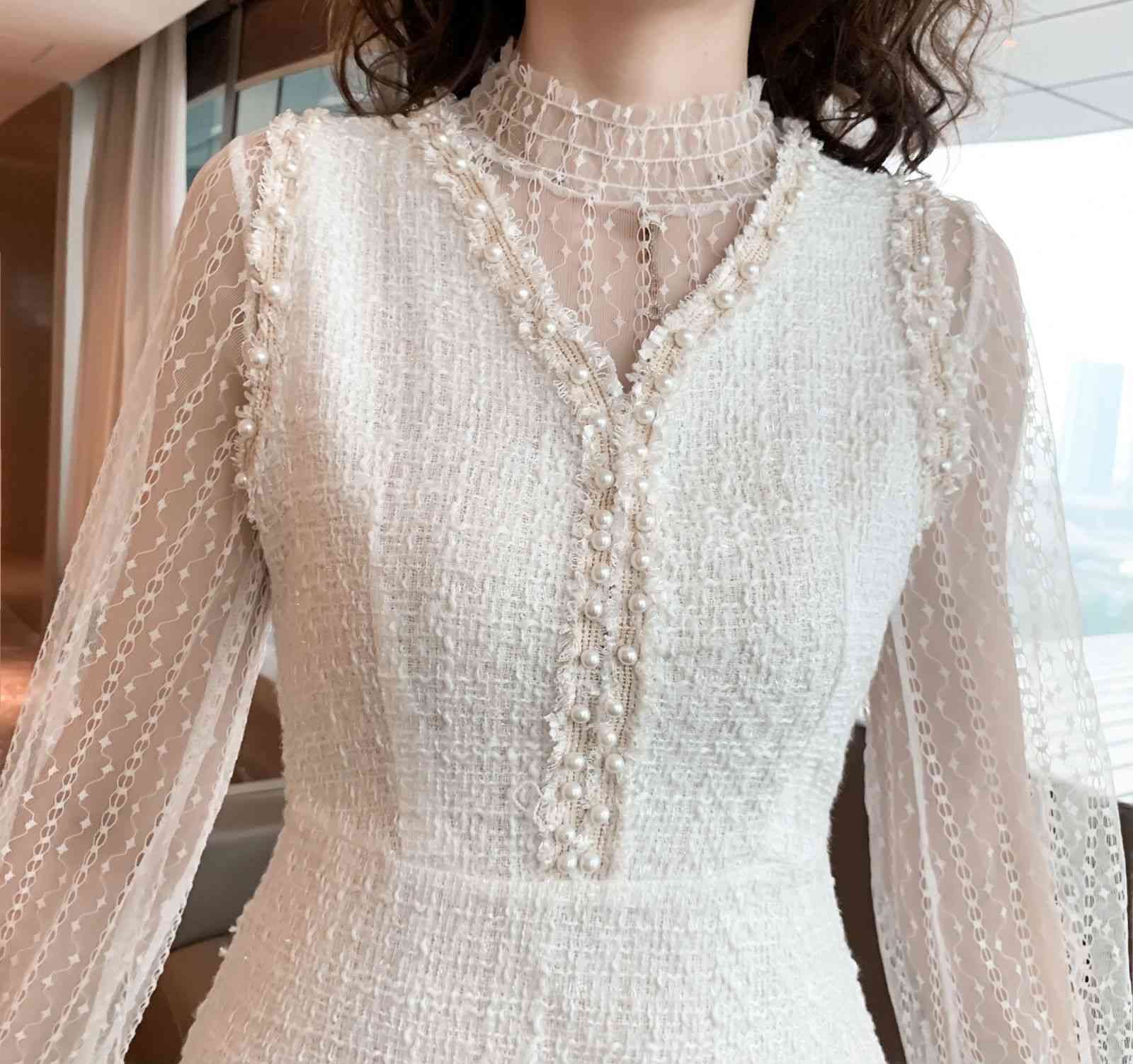 Autumn Women's Dress Suit Lace Shirt And Ladies Tweed Woolen Beaded V-Neck Vest Two-Piece Set 210520