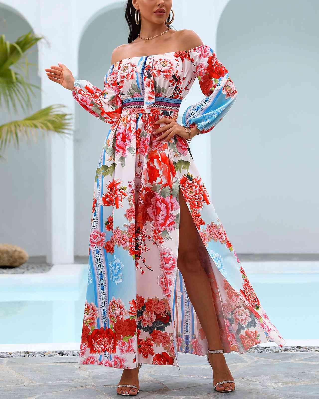 Women Dress Slash Neck Long Sleeve Print Dresses Plus Size Split Sexy Off Shoulder Flowers Fashion 210513