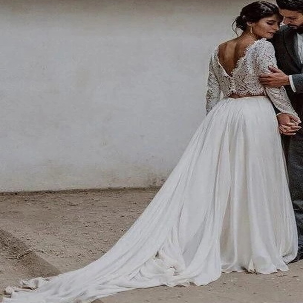 Civil Two Piece Boho Wedding Dress 2024 Crop Top Chiffon Summer Beach Long Sleeve Bride Dresses Floor Length Bohemian Country Bridal Gown Greek Vestio