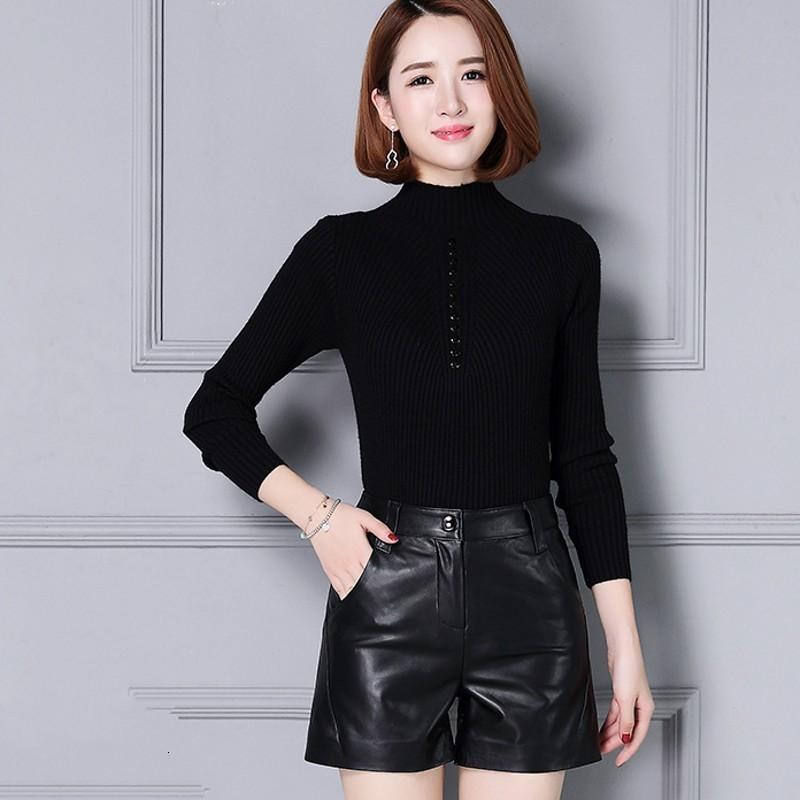 Real Leather Casual Streetwear High Waist Black Female Shorts Straight Punk Korean Fashion Sheepskin OL Plus Size 4XL Trousers Women's