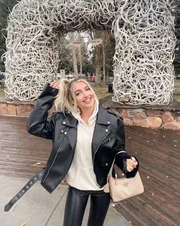 Spring Women PUNK Style Belt Hem PU Leather Jacket Streetwear Long Sleeve Coat Loose Soft Outwear Purple White Black 210429