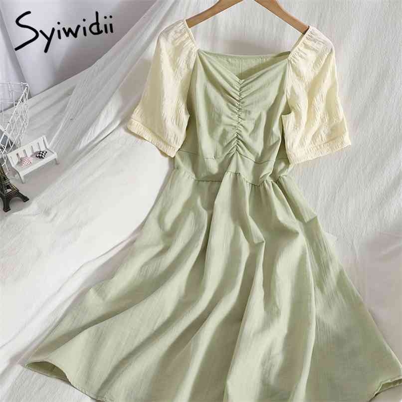 Dresses for Women Summer Folds Contrase Color Puff Sleeve V-Neck A-line Clothing Fashion Dress Green Blue Red Pink 210607
Dresses for Women Summer Folds Contrase Color Puff Sleeve V-Neck A-line Clothing Fashion Dress Green Blue Red Pink 210607