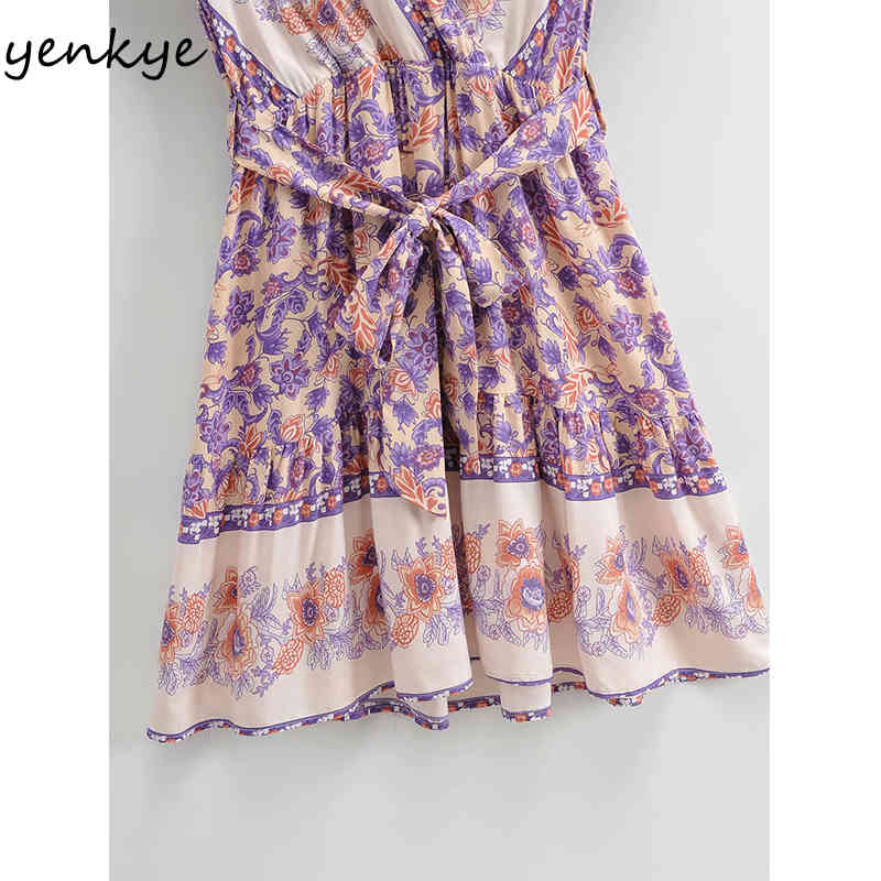 YENKYE Holiday Summer Casual Dress Women Vintage Floral Print Vestido Mujer Free Belt V Neck Short Sleeve Dress 210515