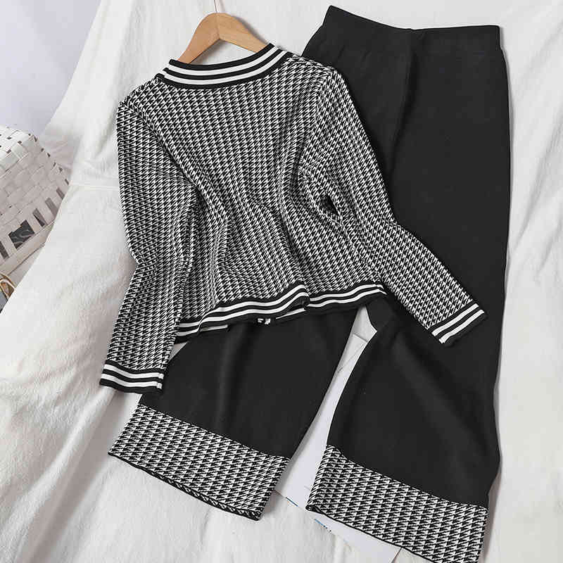 Elegant Women Two Pieces Set Vintage Plaid Cardigan Wide Leg Pants Korean Conjuntos Lady Suit Fashion 2 Sets 210519