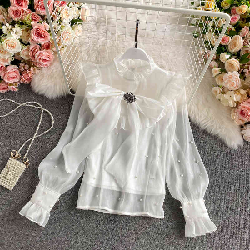 Nomikuma Chiffon Women Blouse Stand Neck Bow Bandage Ruffle Long Sleeve Shirt + Basic Sling Vest Spring New Blusas 6D897 210427