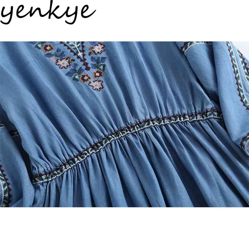 YENKYE Vintage Blue Denim Dress Women V Neck Long Sleeve Floral Embroidery Casual Summer Dress Plus Size Midi Vestido 210515