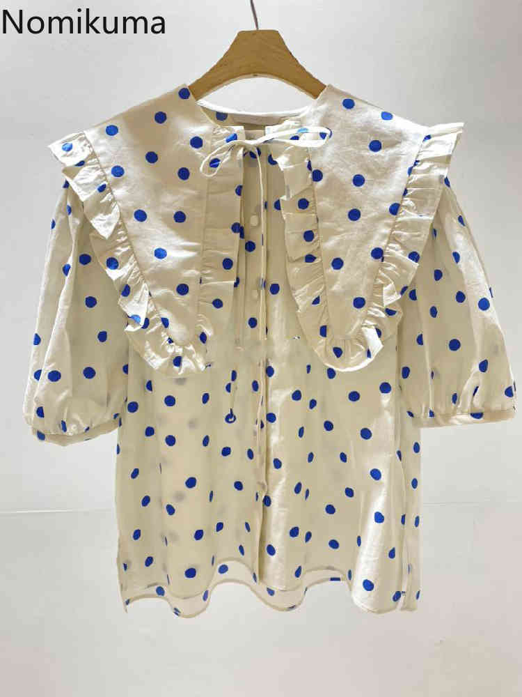 Nomikuma Summer New Polka Dot Blouses Causal Bow Tie Ruffle Poater Pan Collar Woman Shirts Sweet Korean Blusas Top 6H119 210427