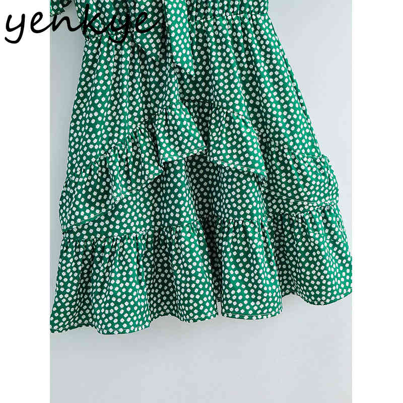 Green Floral Print Ruffle Dress Women Bow Tie V Neck Short Sleeve A-line Mini Summer Holiday Vestido 210430