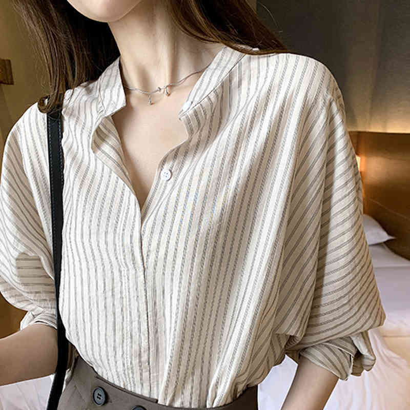 Fashion Striped Shirt Women Summer Long Sleeve Office Lady Thin Sunscreen s and Blouses Tops 11391 210506