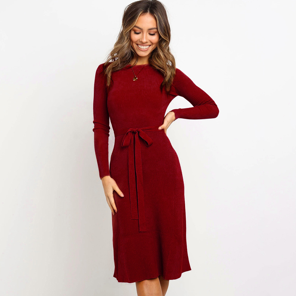 Women Dress Bandage Long Knitted Dresses Sleeve Knitting Plus Size Black Red wine Green Vintage 210524