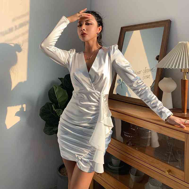 Spring Full Sleeve V Neck Women Mini Dress Elegant Bandage Solid Color Elasticity silk Sexy es Empire Party 210521