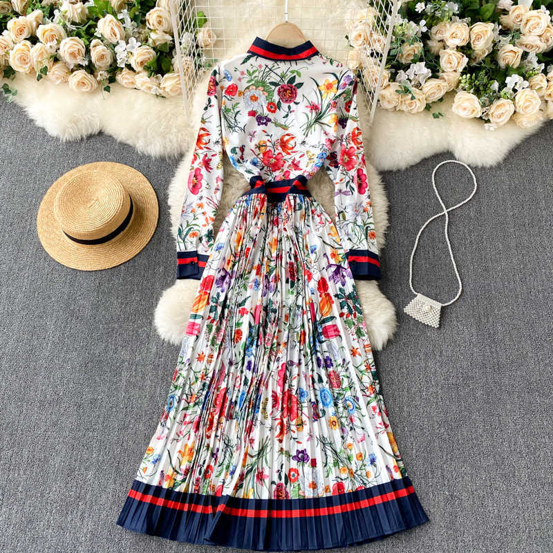 Fashion Elegant Pleated Dress Women's Autumn and Winter Printed Long Sleeve Korean Clothings Vestidos Q408 210527