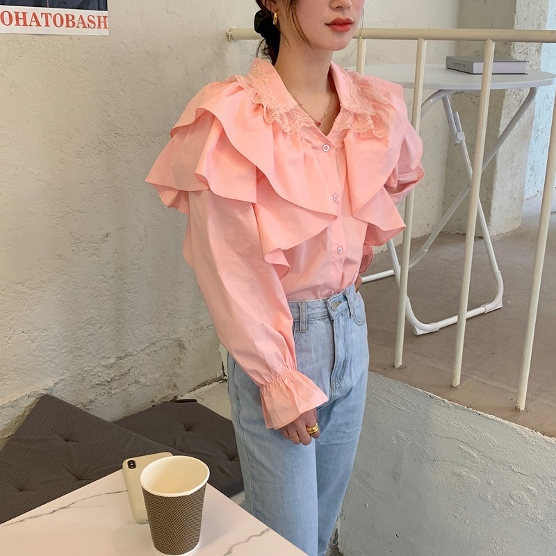 Korean Blouse Ruffle Turn Down Collar Long Sleeve Shirt Women Solid Color Casual Loose Fashion Tops Chic Blusas 210519
