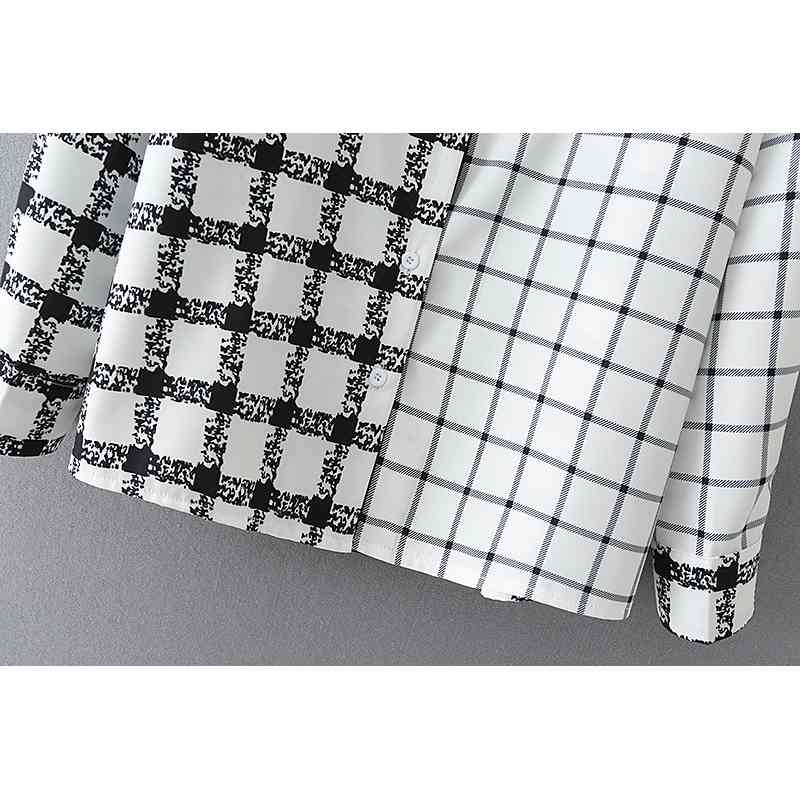 Causal Women Black White Plaid Patchwork Shirts Fashion Ladies Stand Collar Tops Streetwear Female Chic Button Blouses 210430