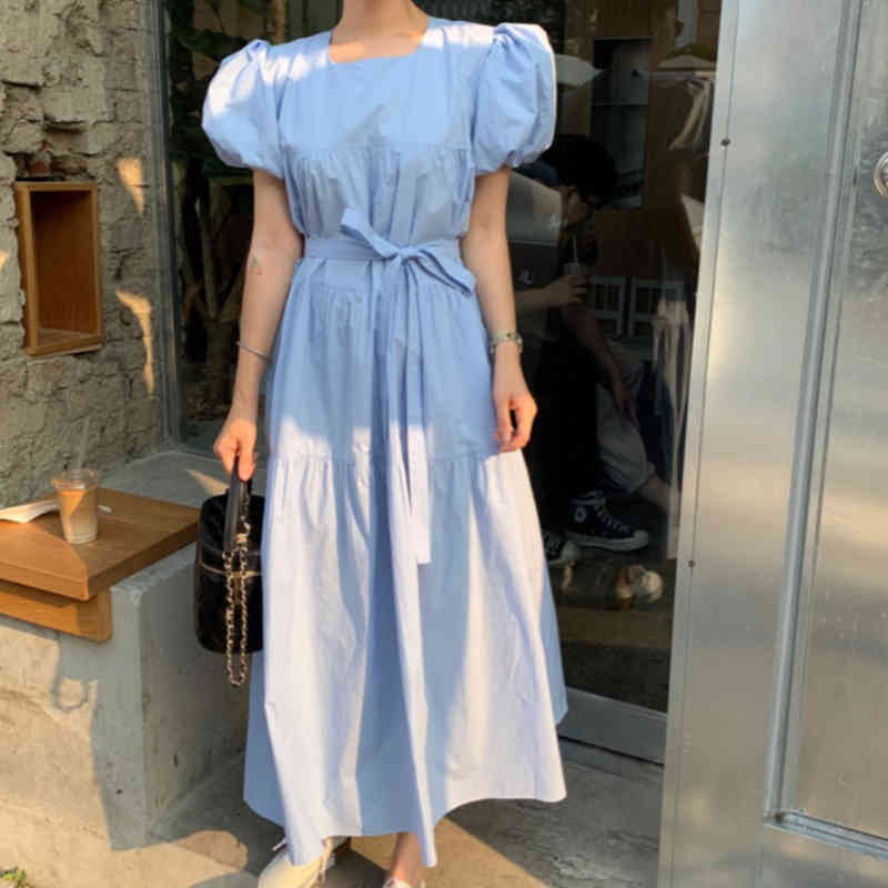 Nomikuma Elegant Square Collar Puff Sleeve Dresses Bow Bandage Slim Waist Korean Vestidos Causal Chic Solid Woman Dress 6H018 210427