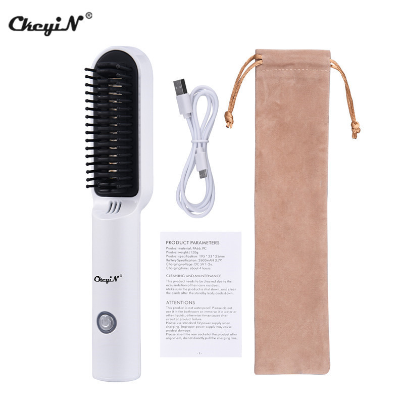 CkeyiN Professional Hair Straightener Comb Electric Wireless Straightening Beard Brush Men Salon Styling Tool USB Rechargeable 220211