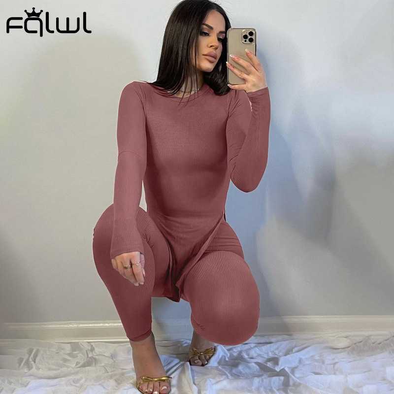 FQLWL Summer Streetwear Bodycon 2 Two Piece Sets Women Outfits Long Sleeve Side Slit O Neck Longer Top White Pants Matching Sets Y0625