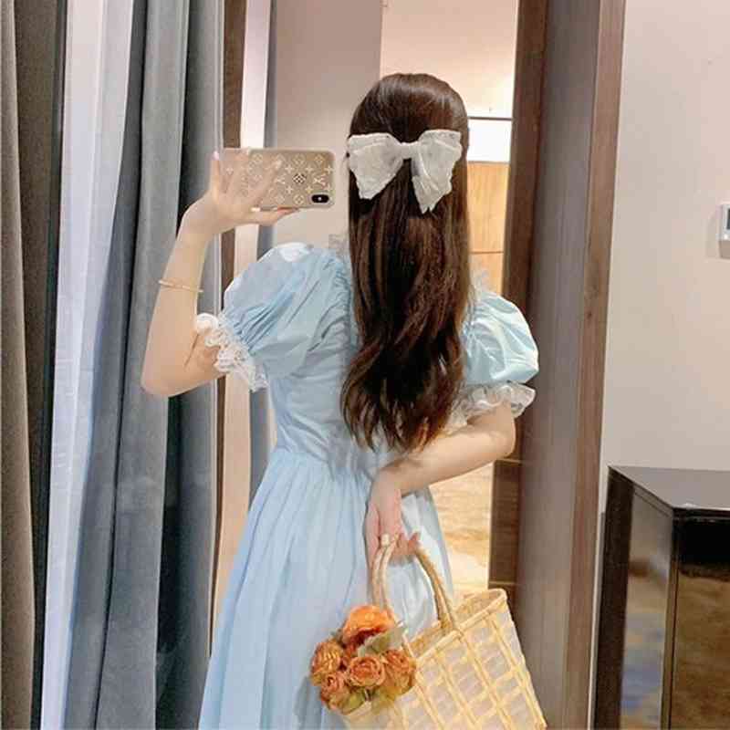 Kawaii Vintage Dress Women Puff Sleeve Lace Elegant Dress Evening Party Fairy Dress for Females Korean Style Summer Casual 210521