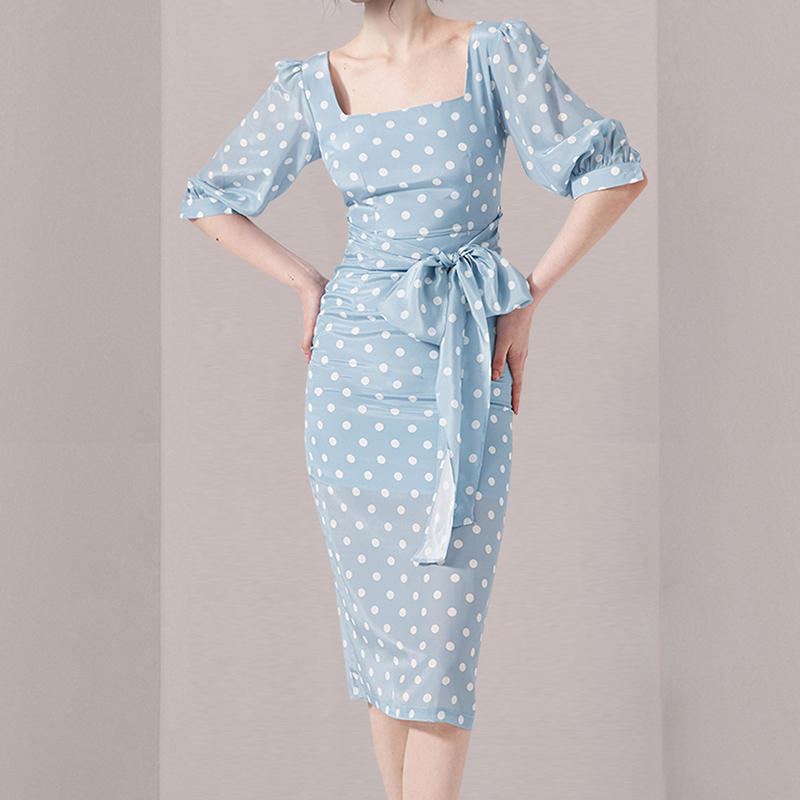 Temperament Elegant Square Collar Puff Sleeve Ploka Dot Office OL Slim Pencil Dress Bodycon Lace Up Party Vestidos 210519