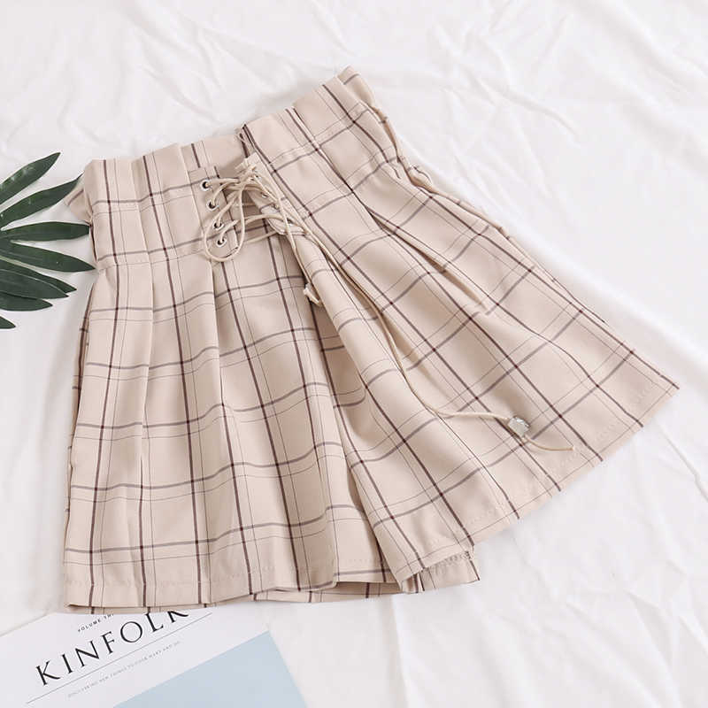 HELIAR Women Drawstring Plaid Shorts Elastic Waist Wide Leg With Saches Harajuku High For Autumn 210714