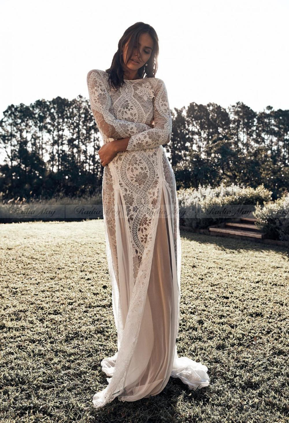 2021 Vintage Lace Boho Beach Dresses Long Sleeve Applique Backless Country Style Bohemian Wedding Dress Bridal Gowns Hippie Gypsy vestido 0509