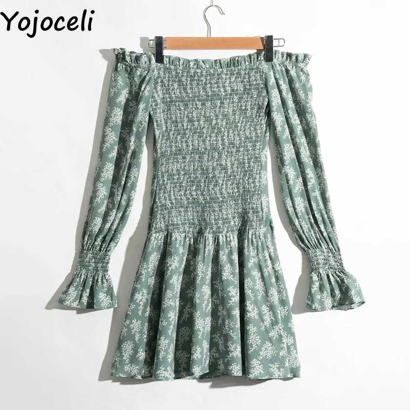 Yojoceli Sexy off shoulder elegant print dres Autumn ruffle short beach female Casual cool party vestidos 210609