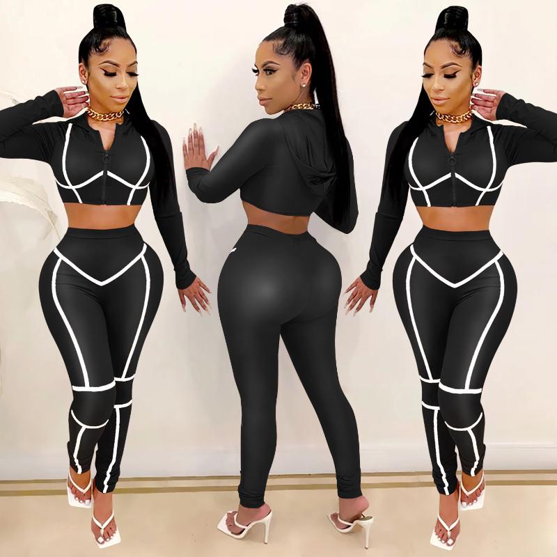 Women's Two Pieces Sports Suit Long Sleeve Hooded Zipper Crop Top Tight Pants For Daily And Exercise Tracksuit Outfits Sets Tracksuits