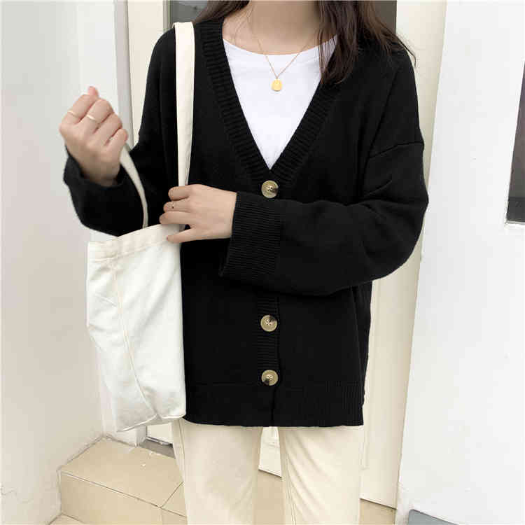 V-neck Single-breasted Women Cardigan Tops Spring Autumn Full Sleeve Solid Loose Fashion Korean Female Sweater Jumpers Femme 210514