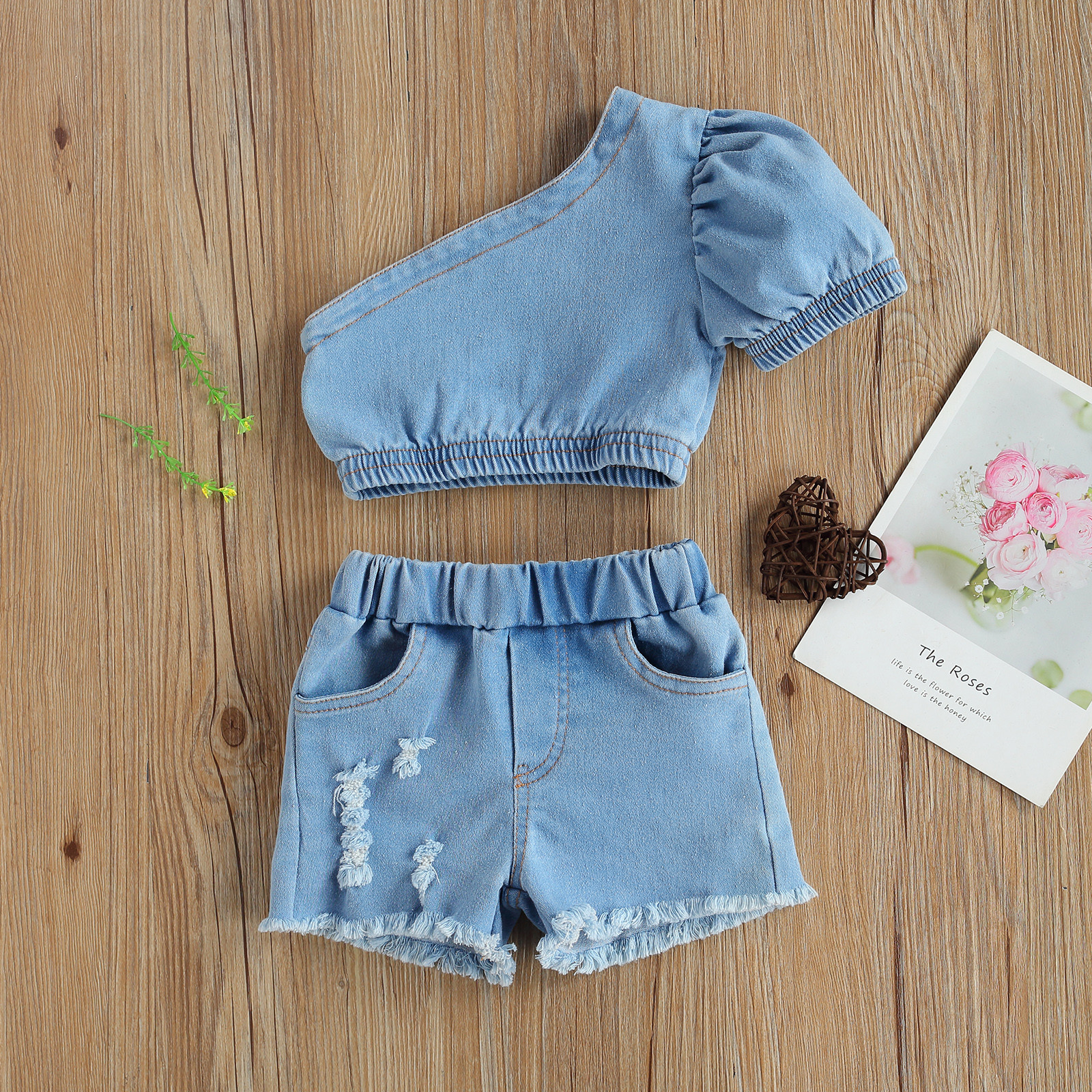 6M-4Y Summer Toddler Kid Girls Clothes Sets Denim Outfits One Shoulder Crop Top Shorts Jeans Costumes 210515