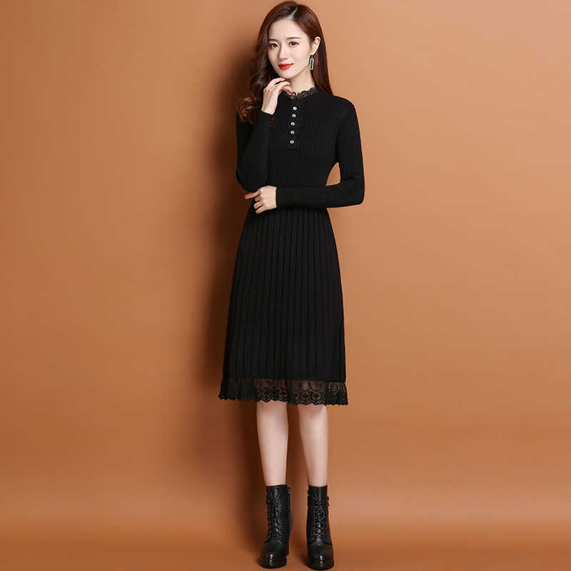 Robe Pull Femme Hiver Lady Korean Style Lace O-neck Long Sleeve Dresses for Women Casual Knee-length Knit Dress Sukienki Damskie 210604