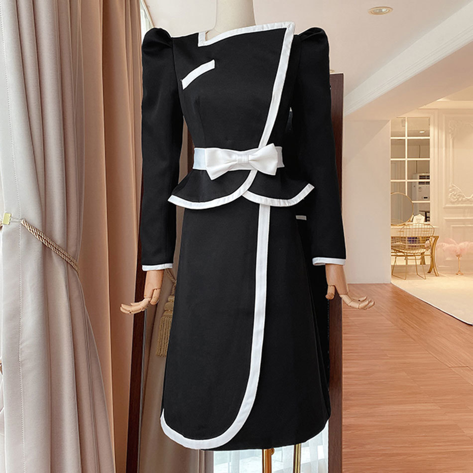 Free Autumn Women Elegant Set Fashion Bow Long Sleeve Slim Jacket & High Waist Split Half Skirt Two-piece 210524