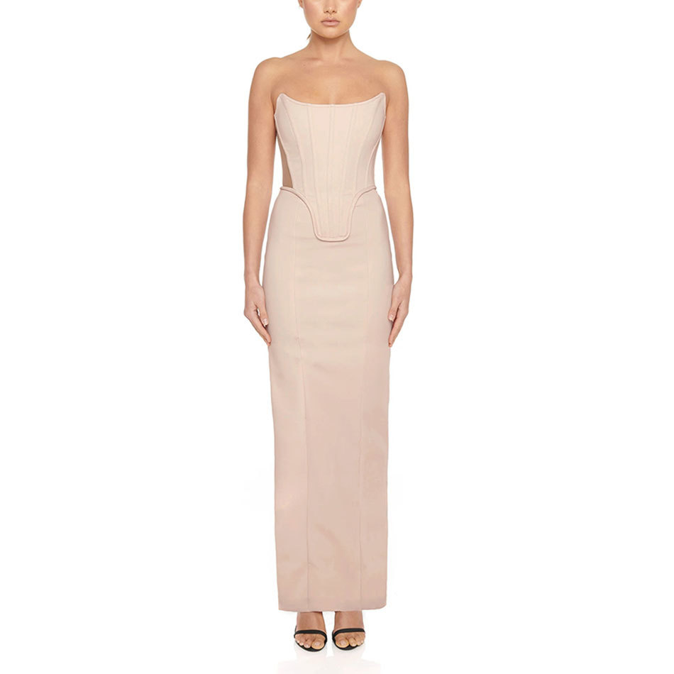 Free Women's Sleeveless Long Bandage Dress Beige Sexy Mesh Strapless Split Bodycon Club Evening Party Dresses 210524
