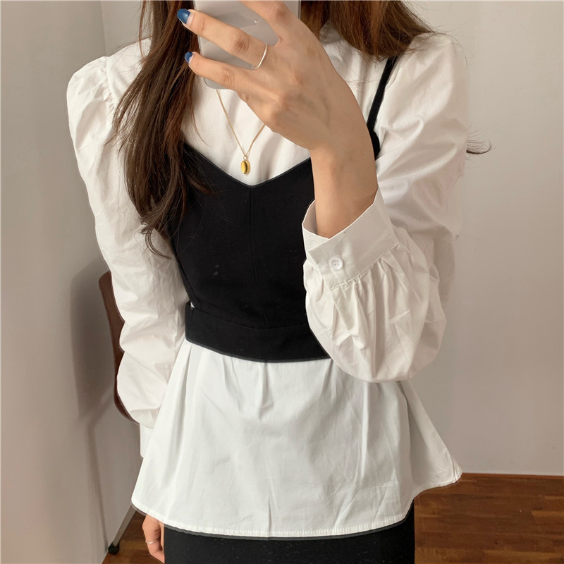 Nomikuma Autumn 2 Pieces Blouse Sets Puff Long Sleeve O-neck Pullover Blouse + Short Sling Vest Korean Women Outfits 6C924 210427