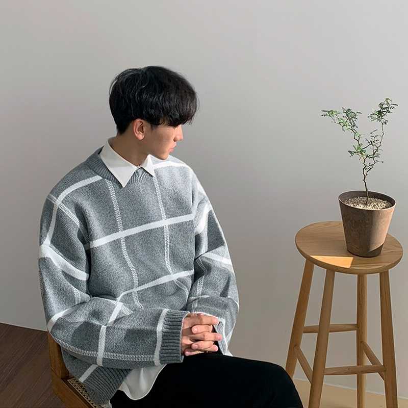 IEFB /men's wear plaid sweater autumn witner Korean style loose pullover knitted tops all-mtch cintage 9Y3248 211008