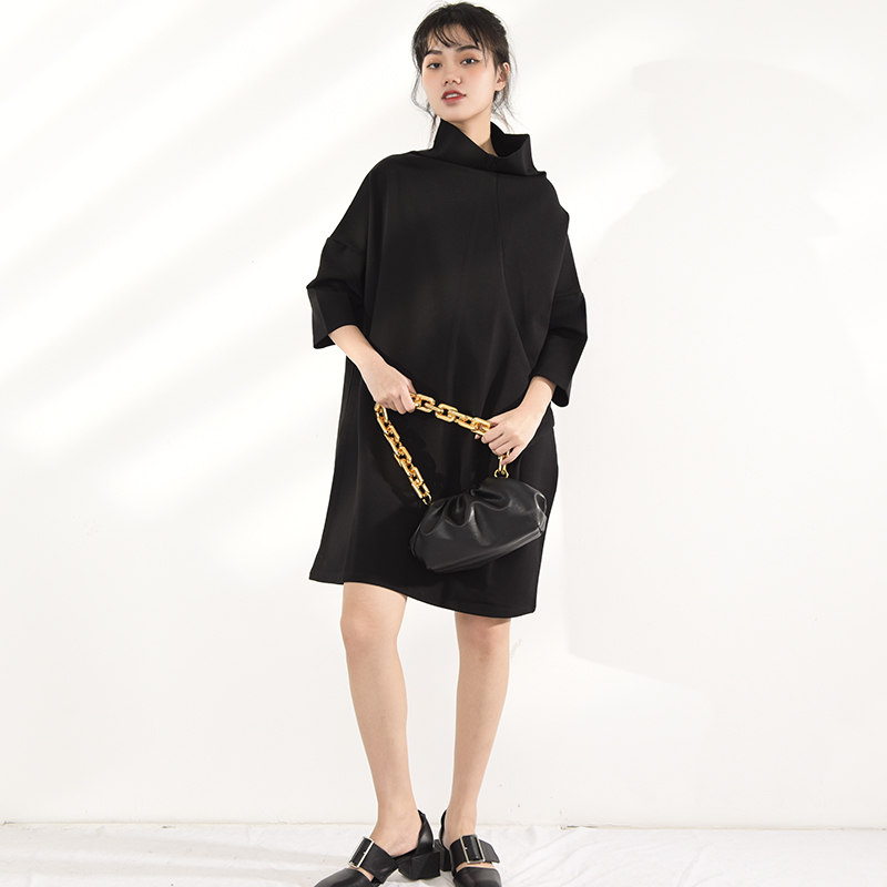 [EAM] Women Black Leisure Big Size Dress Turtleneck Three-quarter Sleeve Loose Fit Fashion Spring Autumn JL23001 21512