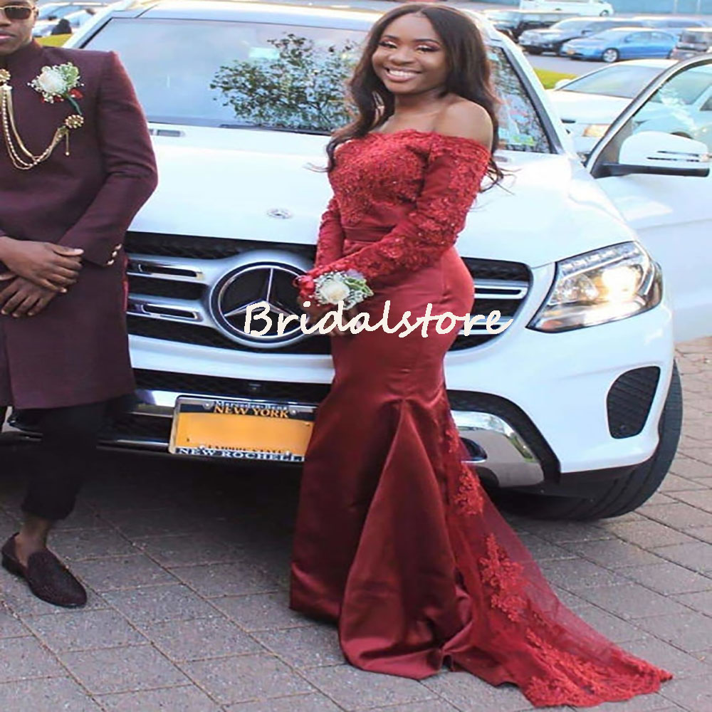 Sexy Wine African Prom Dresses With Lace Elegant Long Sleeve Satin Mermaid Evening Dress 2022 Off The Shoulder Night Ceremony Party Gowns Special Occa