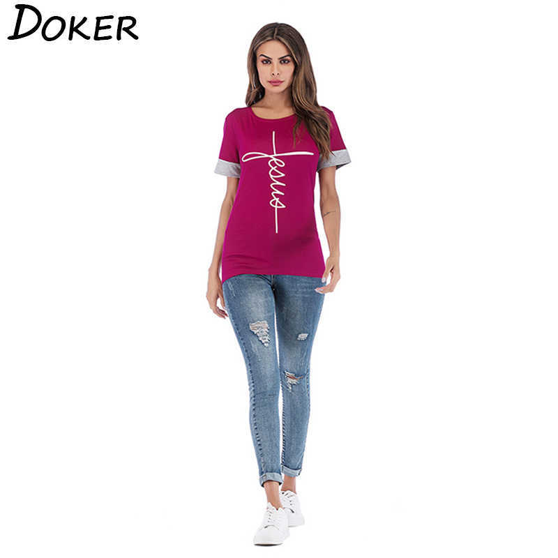 5XL Summer Faith Cross Print T Shirt Women O-neck Patchwork Short Sleeve s Casual ops Plus Size ee 210603