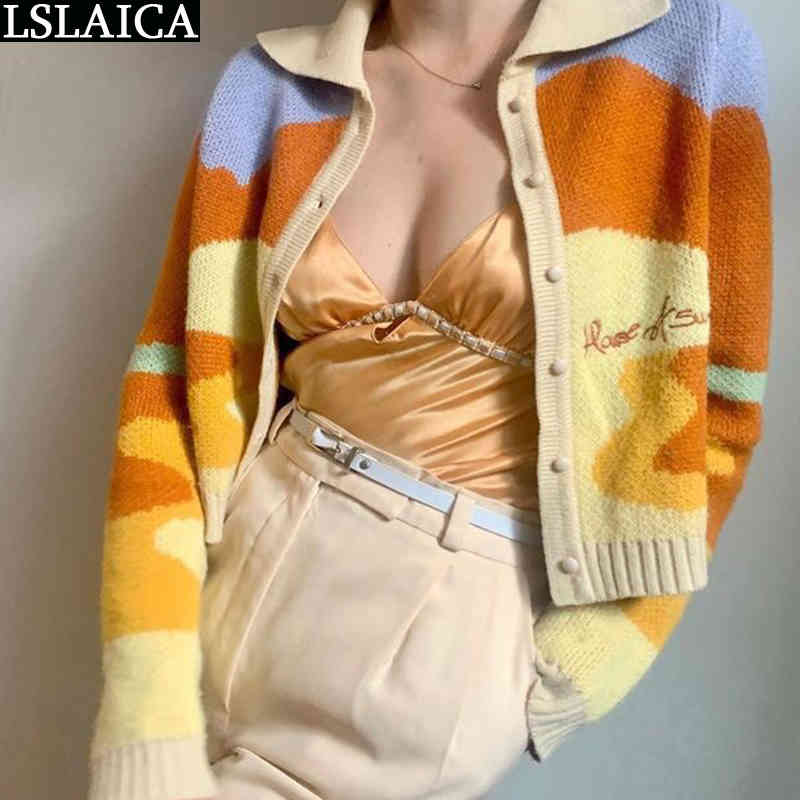 Woman Sweaters Fashion Long Sleeve Turn-down Collar Female Short Yellow Top Fall Women Casual Cropped Cardigan Sweater 210520