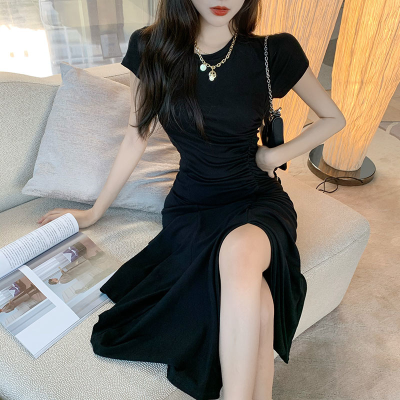 Elegant Vintage Dress French Solid O-Neck Shirring Slim Midi Dress Office Lady Korea Style Casual Thin Women Dresses Summer 210521